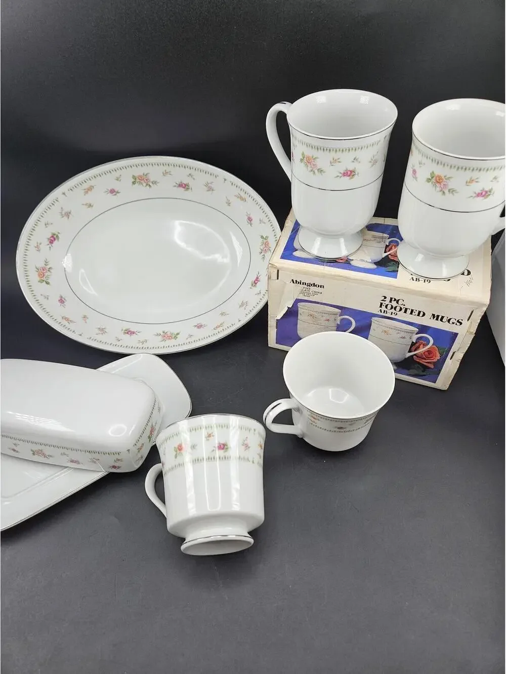 Abingdon Floral Pink Green Shower Setup Kit 6pc Hostess Set Mug Butter Dish Bowl